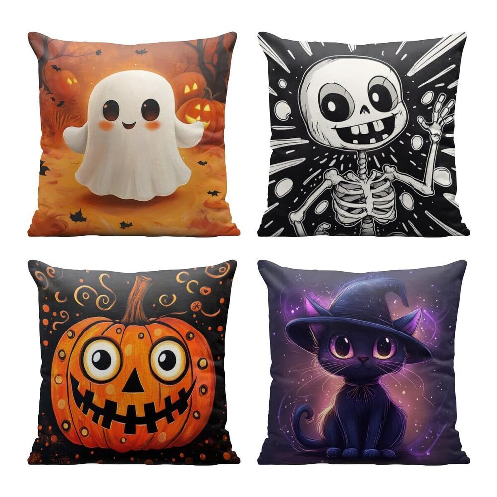 8986 Halloween Throw Pillow Covers 18x18 Inch Set of 4 Cartoon Spooky Ghost